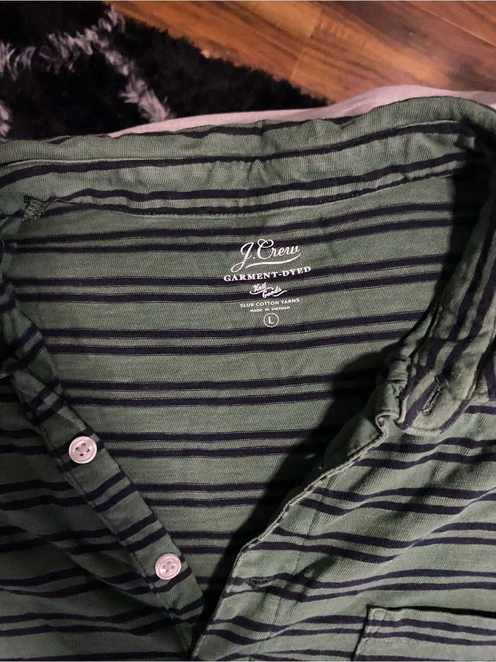 green and navy J.Crew striped polo shirt